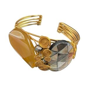 Artisan Gold Tone Wire Bracelet Wide Cuff Ornamental Stones And Beads Accents